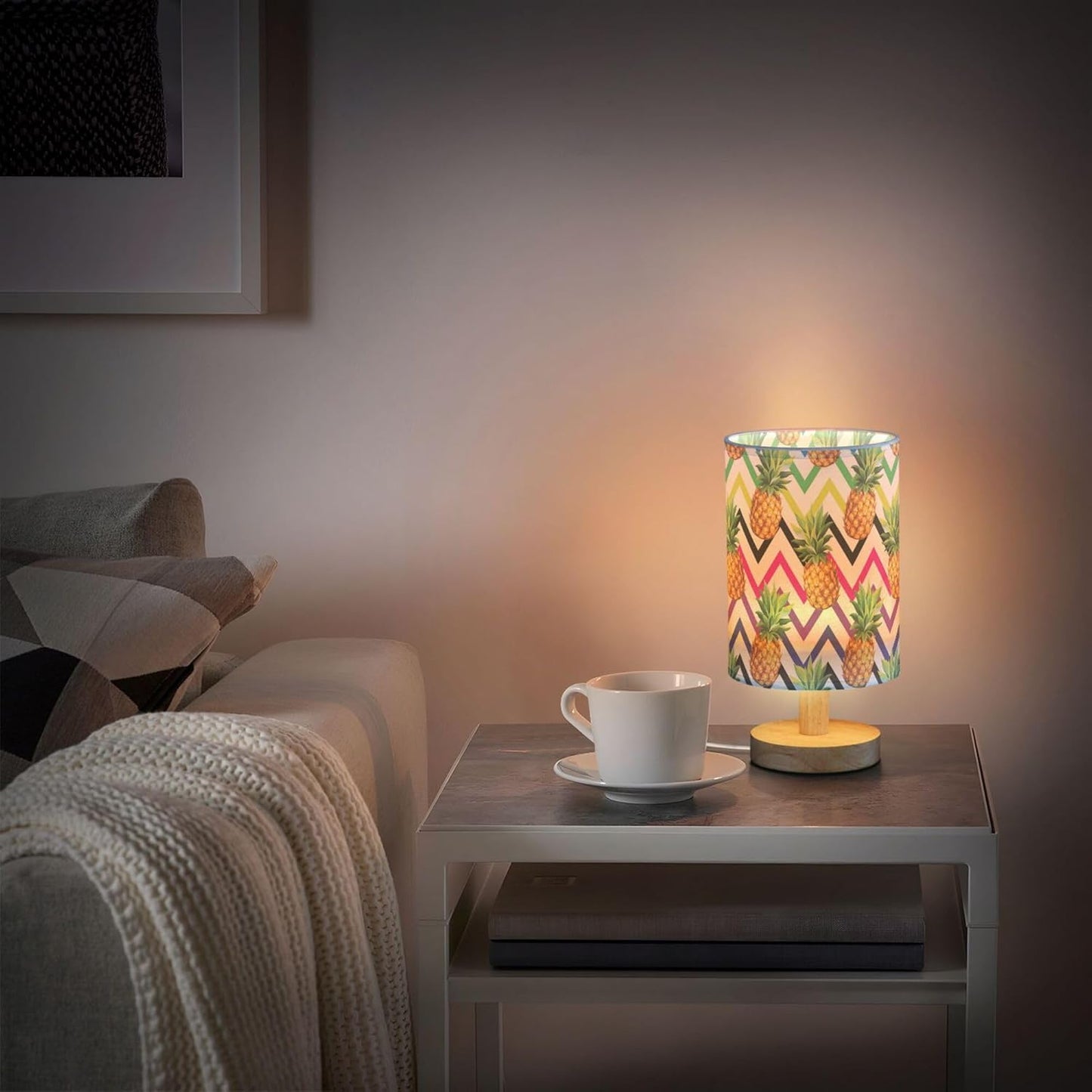 Table Lamp Pineapple Fruit Colorful Geometric Chevron Nightstand Lamp with Wood Base Fabric Lamp Shade Bedside Desk Lamp for Living Room Bedroom Kids Room Office