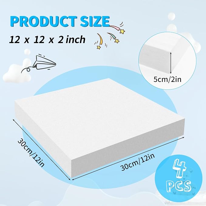LuckyFoam White 4 Pack 12x12x2 inch Foam Sheets 2 Inch Thick | Polystyrene