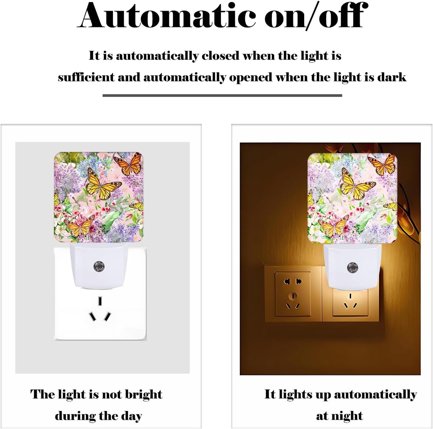 Spring Flowers and Butterflies Night Light,Plug Into Wall Decor for Stairway,Hallway,Kitchen,Dusk to Dawn Sensor Nightlights for Boys/Girls/Women/Men Room Gifts