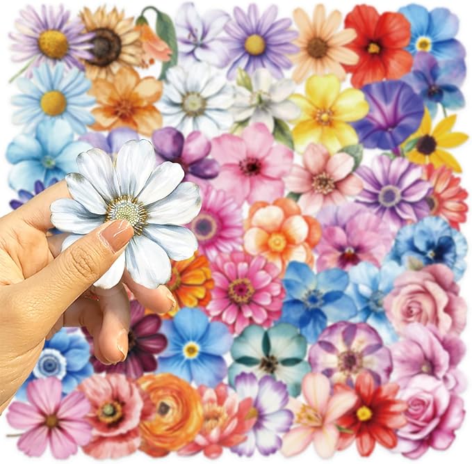 50PCS Transparent Watercolor Flower Stickers, Waterproof PET Floral Decals
