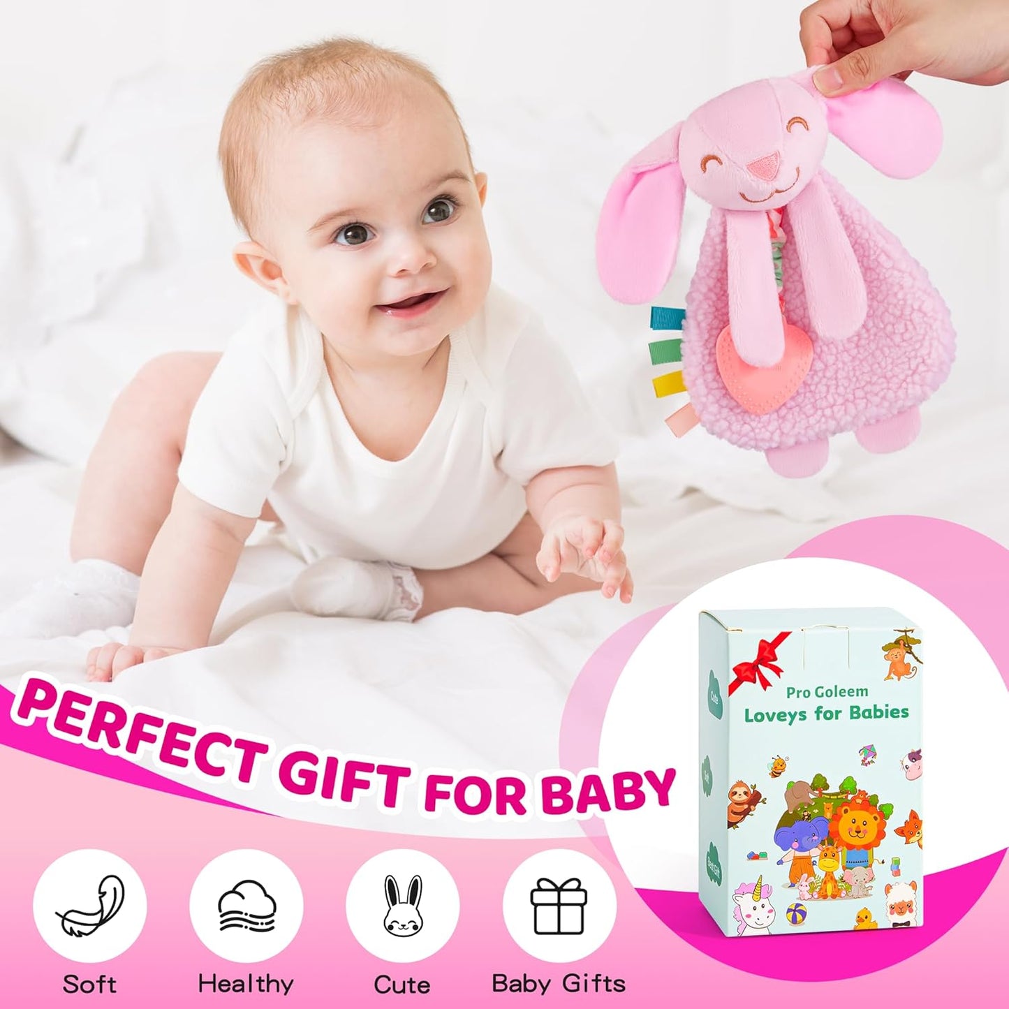Pro Goleem Bunny Loveys for Babies Girl and Boy, Baby Lovey with Teether, Baby Toys 0 3 6 9 12 Months, Safety Teething Toys for Babies Infant Newborn and Toddler Gifts
