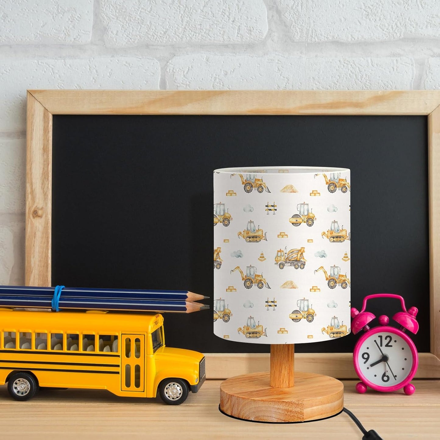 VIHOSE Construction Kids Table Lamp for Bedroom Kids Bedside Lamp with Linen Wooden Nightstand Cartoon Nursery Lampshade for Girls Boys Living Room