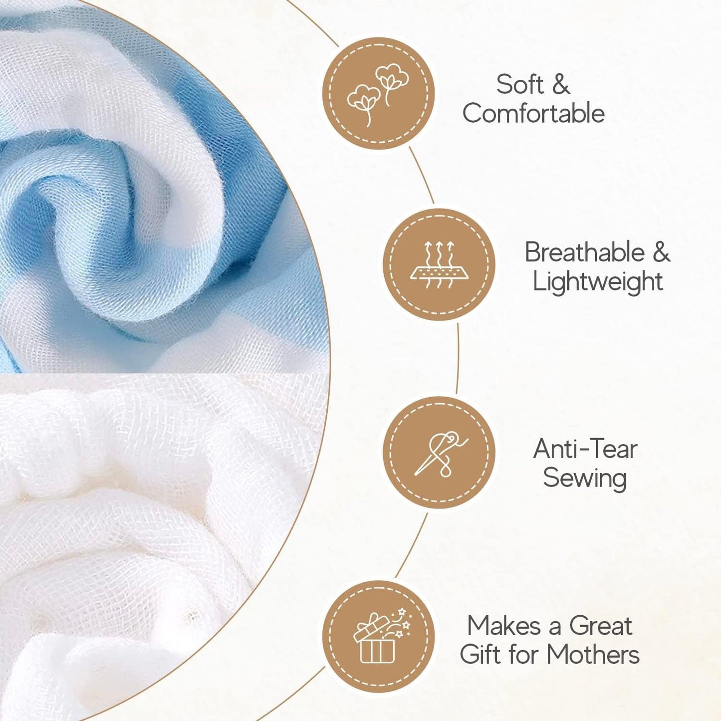 Muslin Baby Bath Towel Set, 2 Large Gauze Super Soft Baby Bath Towel and 3 Washcloths, 6 Layers 100% Cotton Infant Towel Newborn Towel Blanket Suitable for Baby's Delicate Skin(Bule)
