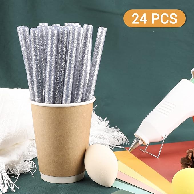 Glitter Silver Hot Melt Glue Stick, Manarty 24 PCS 0.43 Dia x 8" Long Fbric