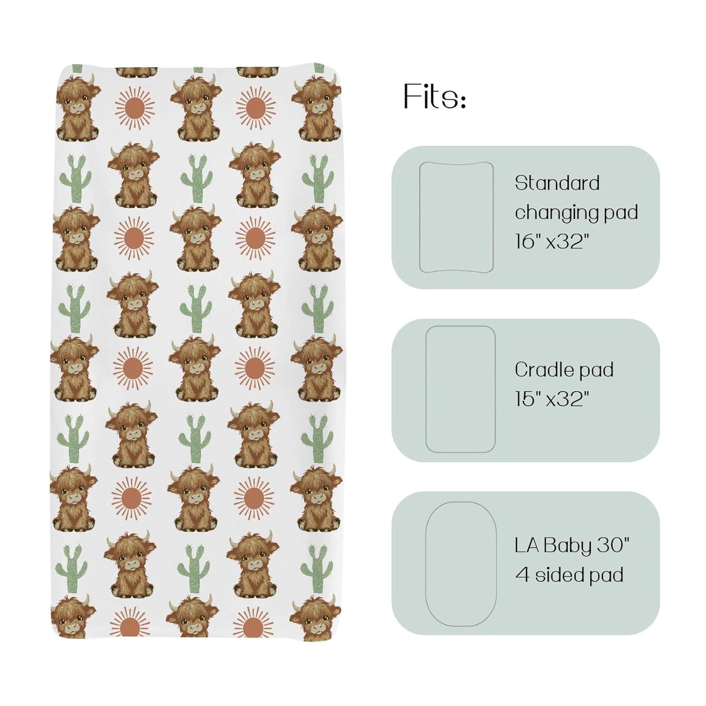 HawSkgFub Highland Cow Boho Cactus Sun Changing Pad Cover for Baby Girls Boys, Western Hyland Cattle Diaper Change Table Covers, Soft Stretchy Safe Snug Fitted Changing Mat Sheets Fit 32"/34" x 16"