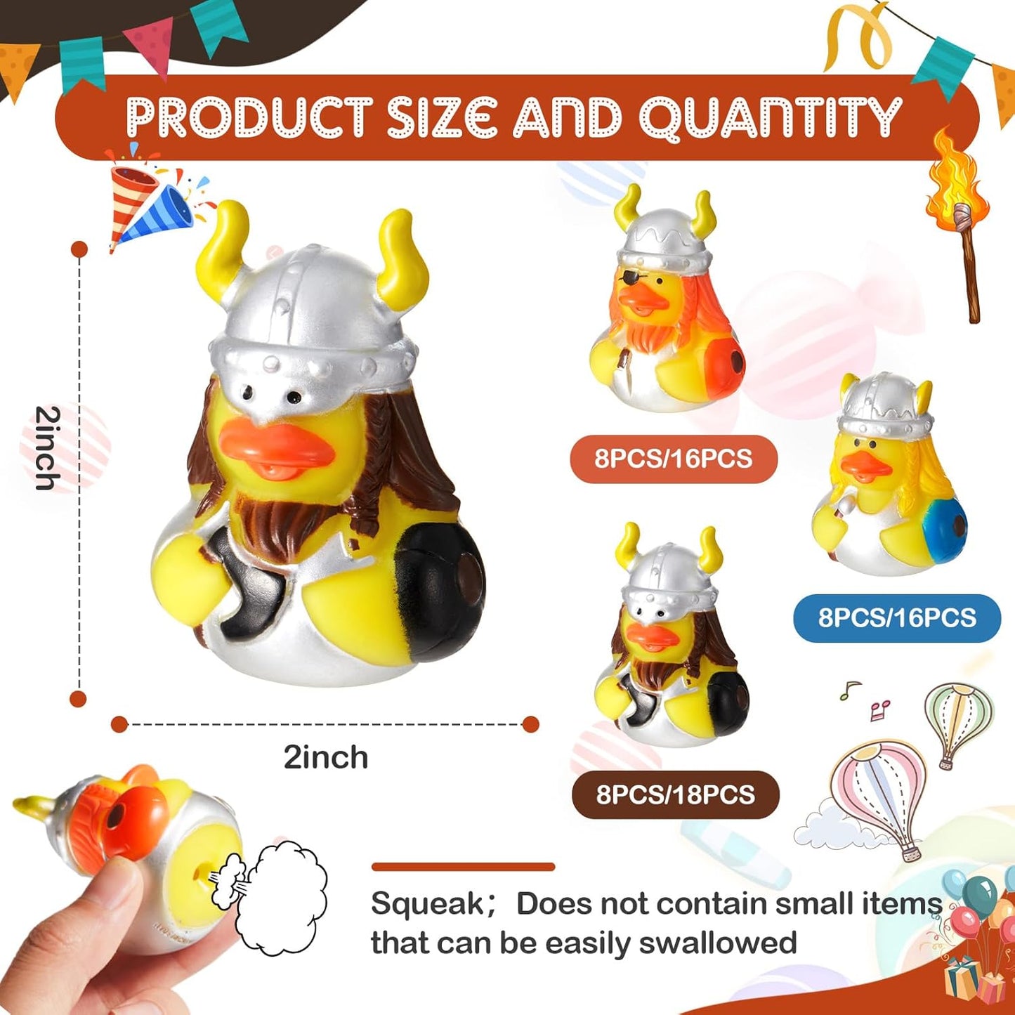 Deekin 24 Pcs Assorted Rubber Ducks in Bulk, 2 Inch Rubber Duckies for Party Supplies, Mini Bath Toys for Baby Shower Pool Party (Viking)