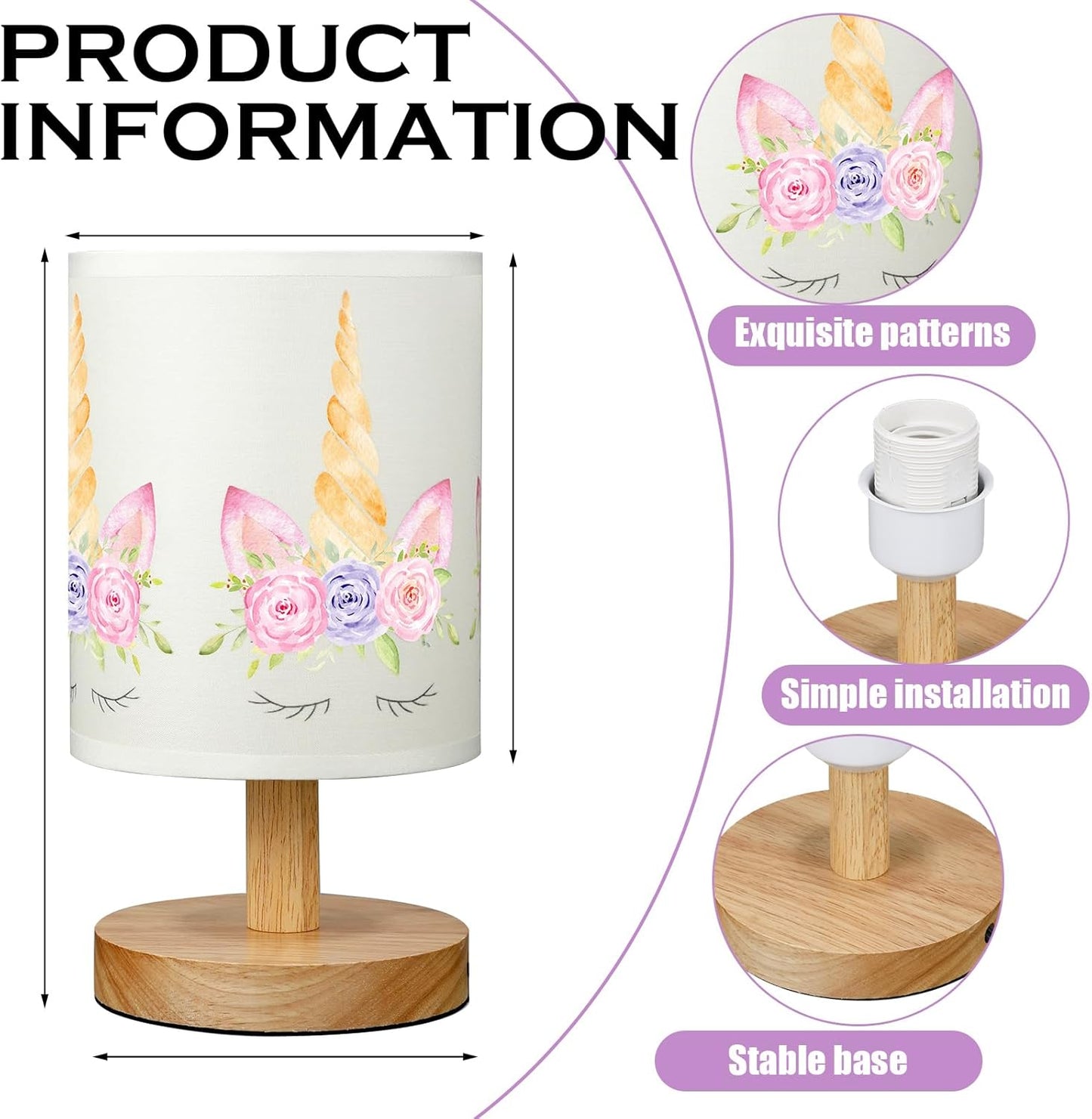 VIHOSE Unicorn Kids Table Lamp for Bedroom Kids Bedside Lamp with Linen Wooden Nightstand Cartoon Nursery Lampshade for Girls Boys Living Room