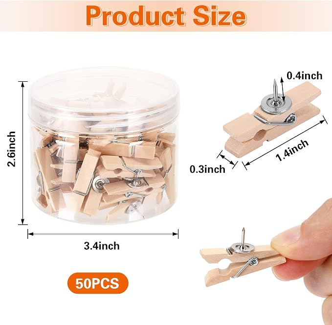 SANNIX 50Pcs Push Pin with Wooden Clips, Push Pins