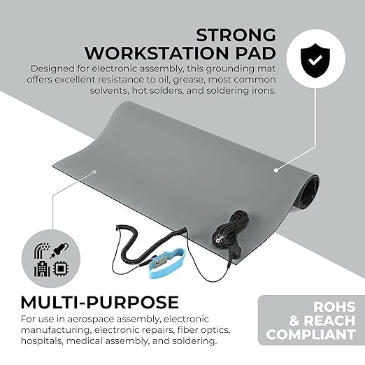 MWRF Source™ ESD Mat Kit with Wrist Strap and Grounding Cord (2.5 FT x 3 FT x 0.12 Inch, Grey)