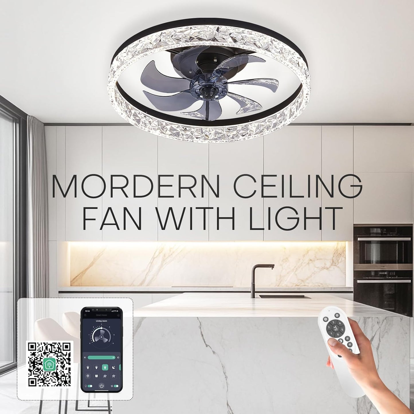 STERREN 19.7'' Crystal Ceiling Fan with Light, Modern Low Profile Ceiling Fans with Remote Control, Dimmable Flush Mount LED Fandelier for Living Room, Bedroom, Home Office, Kitchen, Black