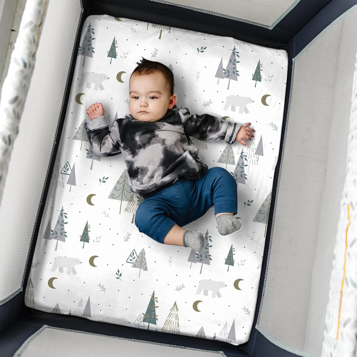 Pack n Play Sheets, BROLEX 2 Pack Mini Crib Sheets,Stretchy Portable Fitted Playard Sheet Set, Convertible Playard Mattress Cover,Ultra Soft Breathable Material,Snowy Forest