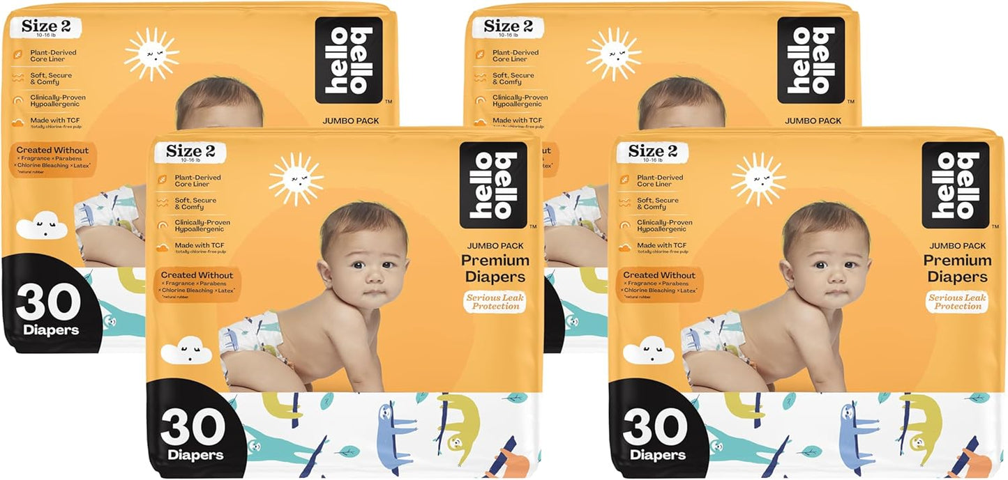Hello Bello Premium Baby Diapers Size 2, 30 Count of Disposable, Extra-Absorbent, Hypoallergenic Diapers with Snug and Comfort Fit, Sleepy Sloth (Pack of 4)