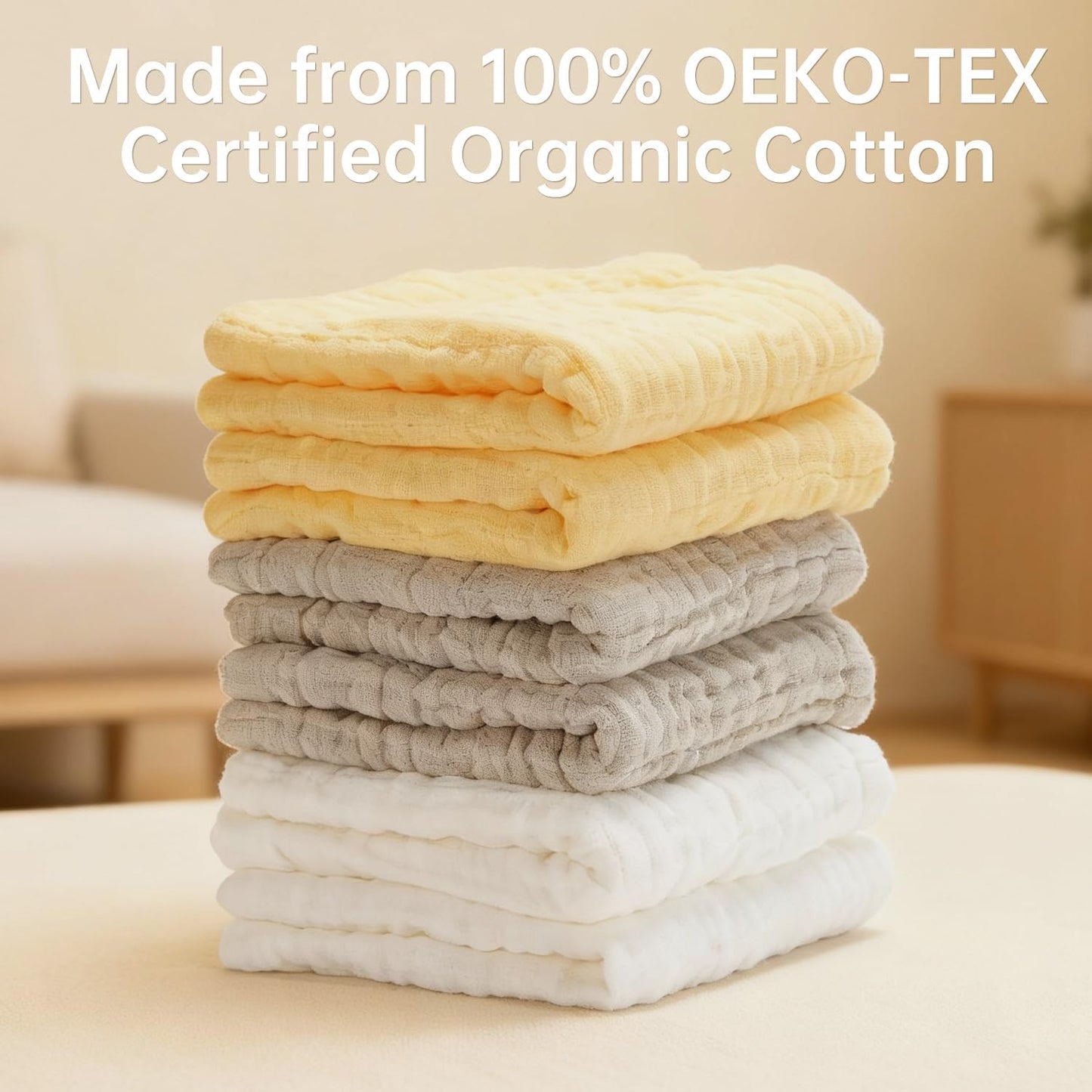 Organic Muslin Baby Washcloths 6 Pack Baby Bath Face Towel 12x12 Inch Extra Absorbent and Soft Burp Cloth and Wash Cloths for Newborn-Infants On Sensitive Skin (White Brown Yellow)