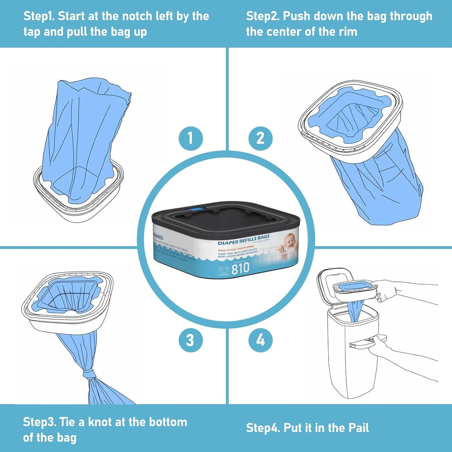 Jumbo Square Refills Disposal Bags Refill Compatible with Diaper Genie Classic, Compact and Select Pails, Hold Up to 810 Newborn-Sized Diapers Per Refill, Pack of 6