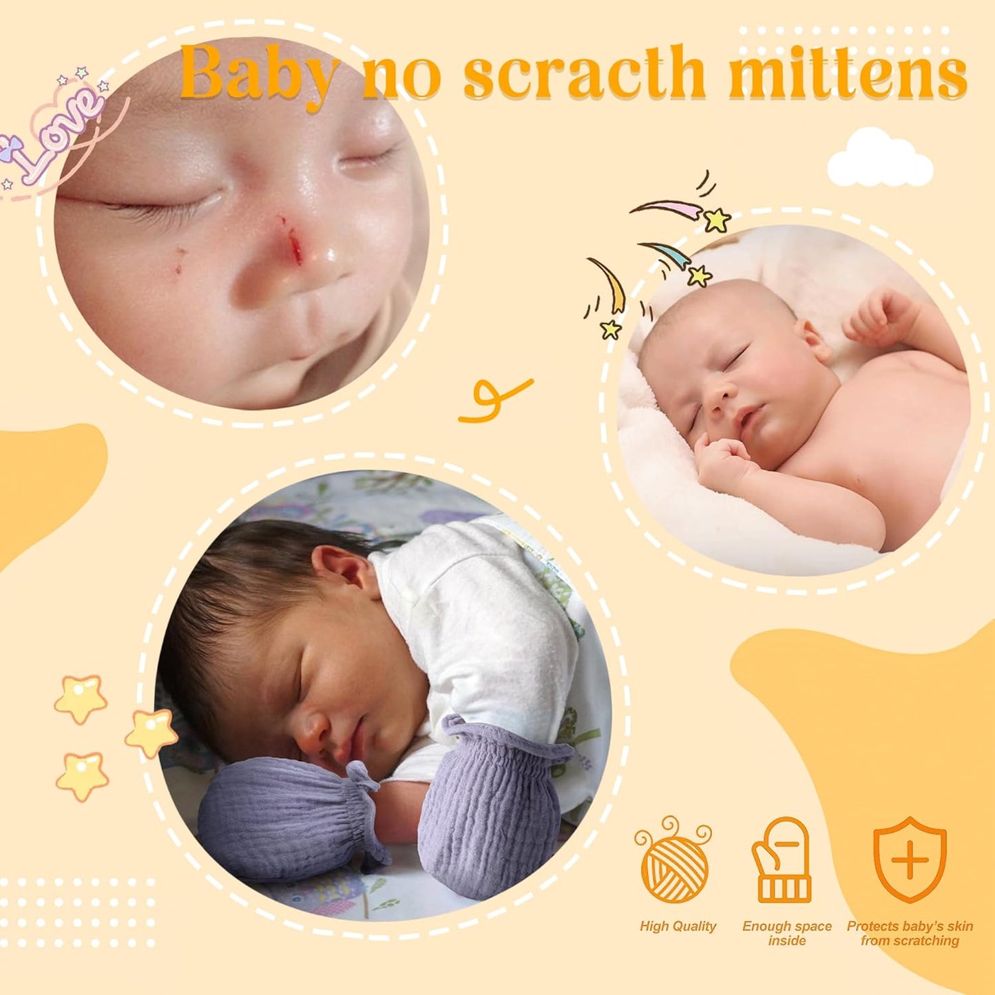 Pro Goleem Muslin Baby Mittens for Newborn, 100% Cotton No Scratch Soft Breathable Gloves for Boys and Girls 0-6 months