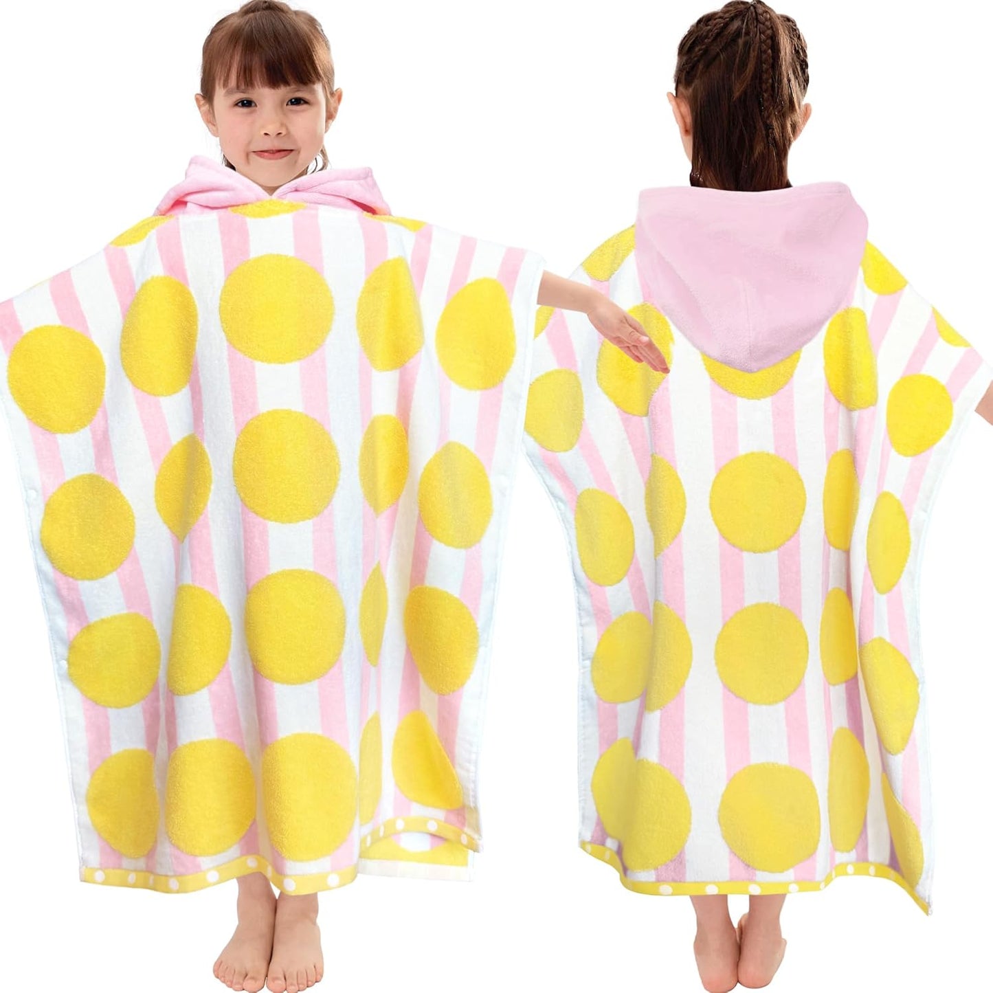 VOOVA & MOVAS Kids Poncho Towels with Hood (4-8Years), Absorbent Quick Dry Lightweight Hooded Beach Towel for Pool | Swim | Bath, Pink Strip Dot