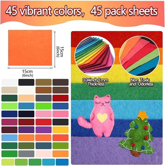 45Pcs Felt Fabric Sheets 6 x 6 inches, 1mm Thick Felt Fabric Square