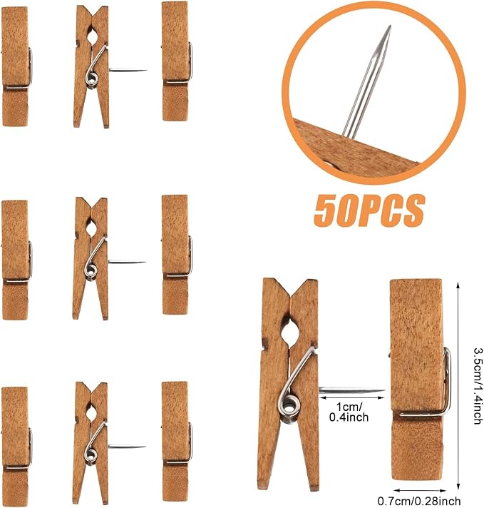 50 PCS Push Pin with Wooden Clips, Durable Wooden Push Pins, Decorative