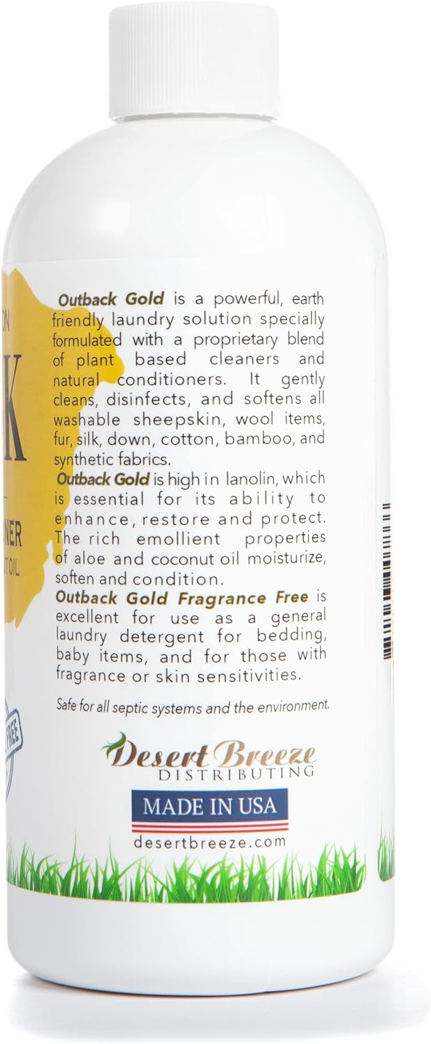 Outback Gold Wool Wash, 16 Oz, HE Compatible, Plant Based, Unscented, Fragrance Free, Neutral pH Laundry Detergent for Wool, Cashmere, Silk, Sheepskin, Baby Items, Mild and Enzyme Free, Made in USA