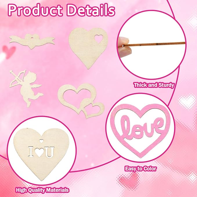 45 pcs Mixed Styles Heart Theme Unfinished Wood Cutout Charms Love Sweet Wood