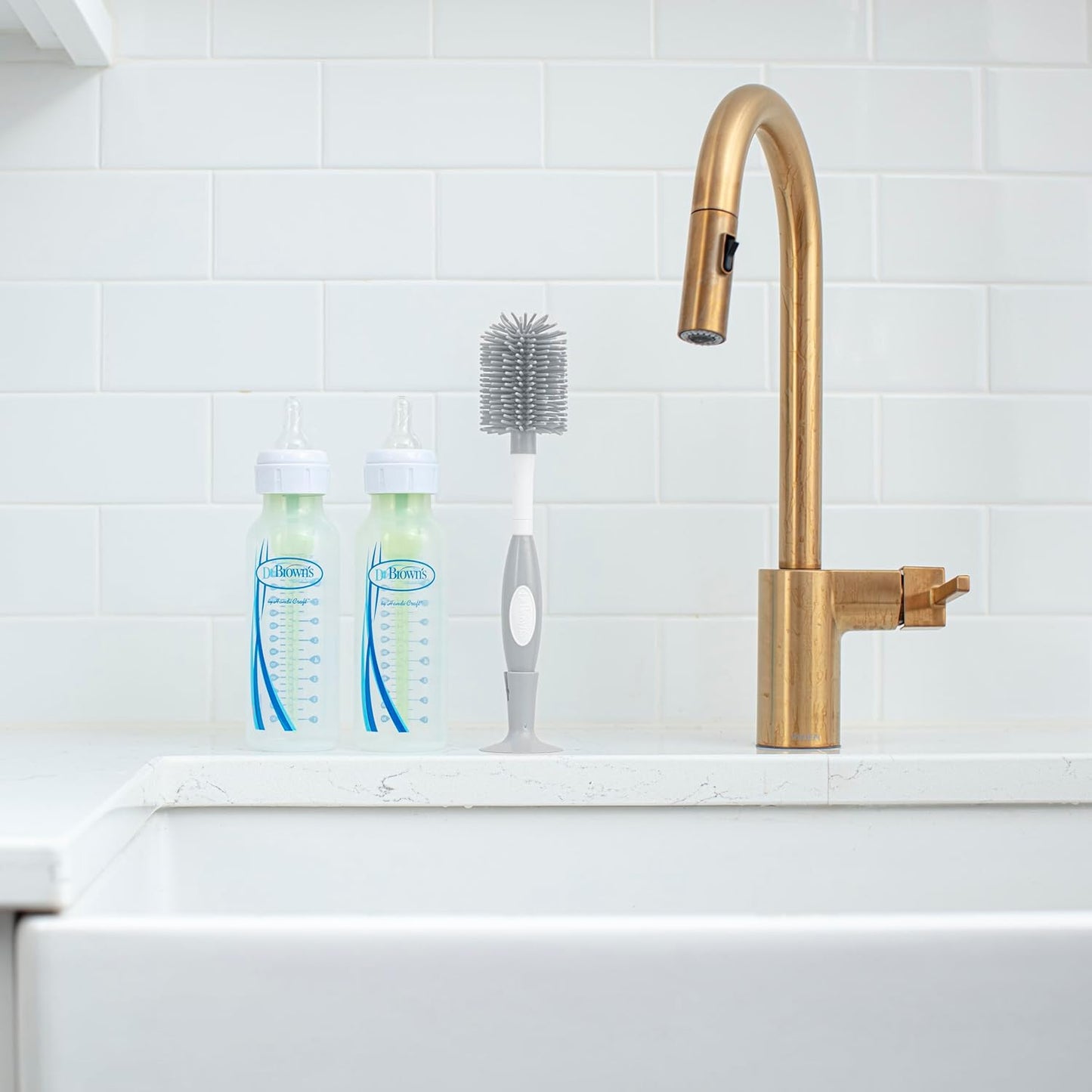 Dr. Brown's Soft Touch No Scratch Baby Bottle Cleaning Brush, Nipple Cleaner & Suction Cup Base for Easy Storage, BPA Free, Gray