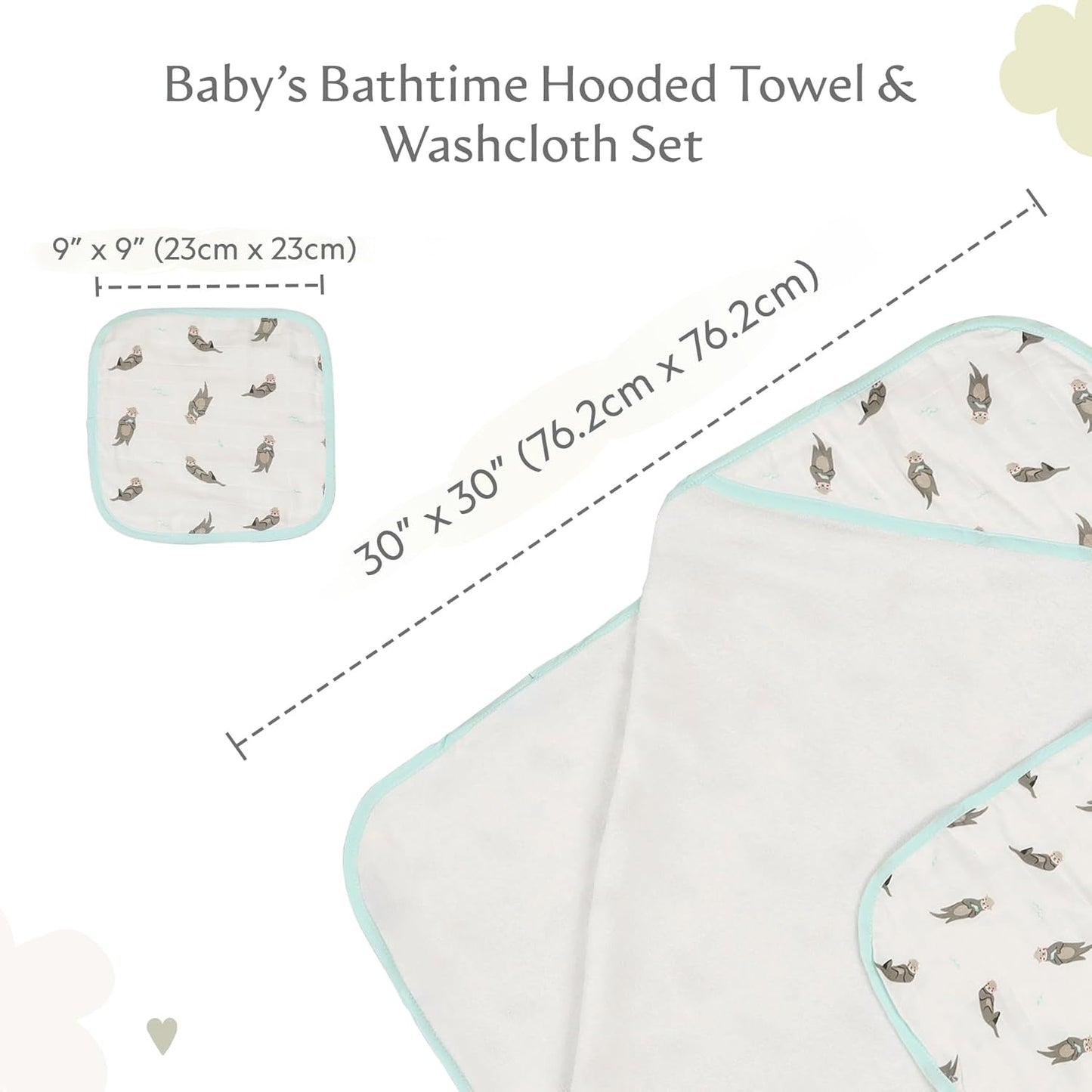 Bamboo Viscose Baby Hooded Towel & Washcloth Set for Babies and Toddlers, Soft & Absorbent, 70% Viscose from Bamboo, 30% Cotton Muslin - Imported (Otter)