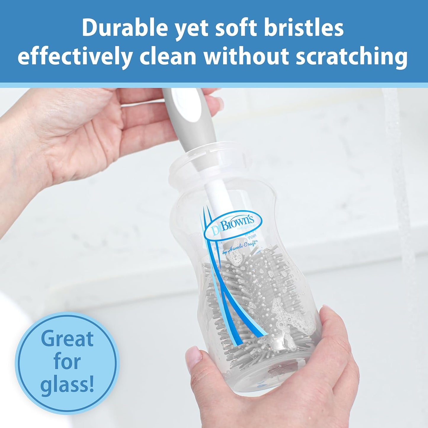 Dr. Brown's Soft Touch No Scratch Baby Bottle Cleaning Brush, Nipple Cleaner & Suction Cup Base for Easy Storage, BPA Free, Gray (Pack of 2)