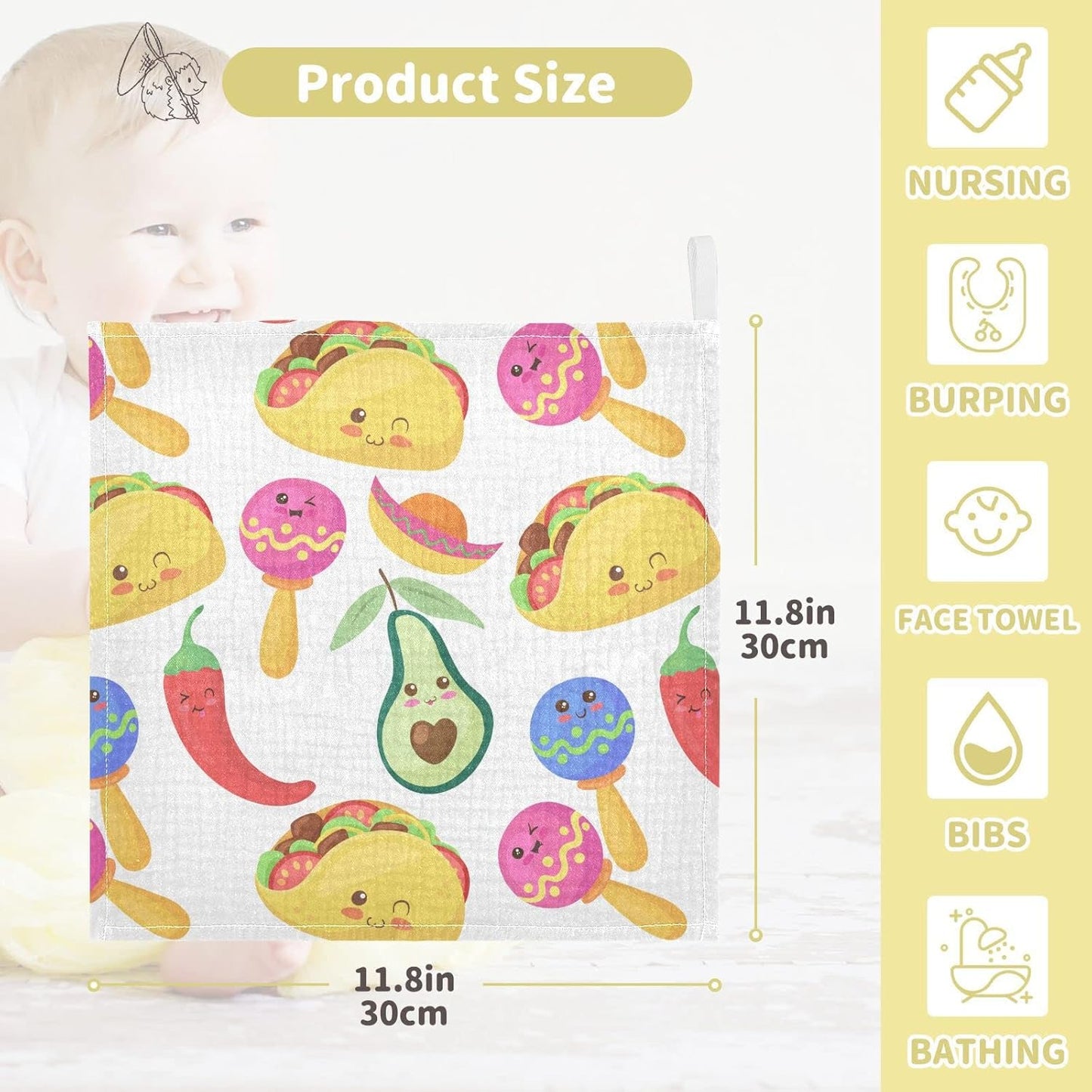 Funny Mexican Food Characters Seamless Pattern Baby Muslin Washcloths Set of 5 Burp Cloths Soft Absorbent Baby Wash Cloth Fingertip Face Towels for Newborn Boys Girls 12 x 12 Inch