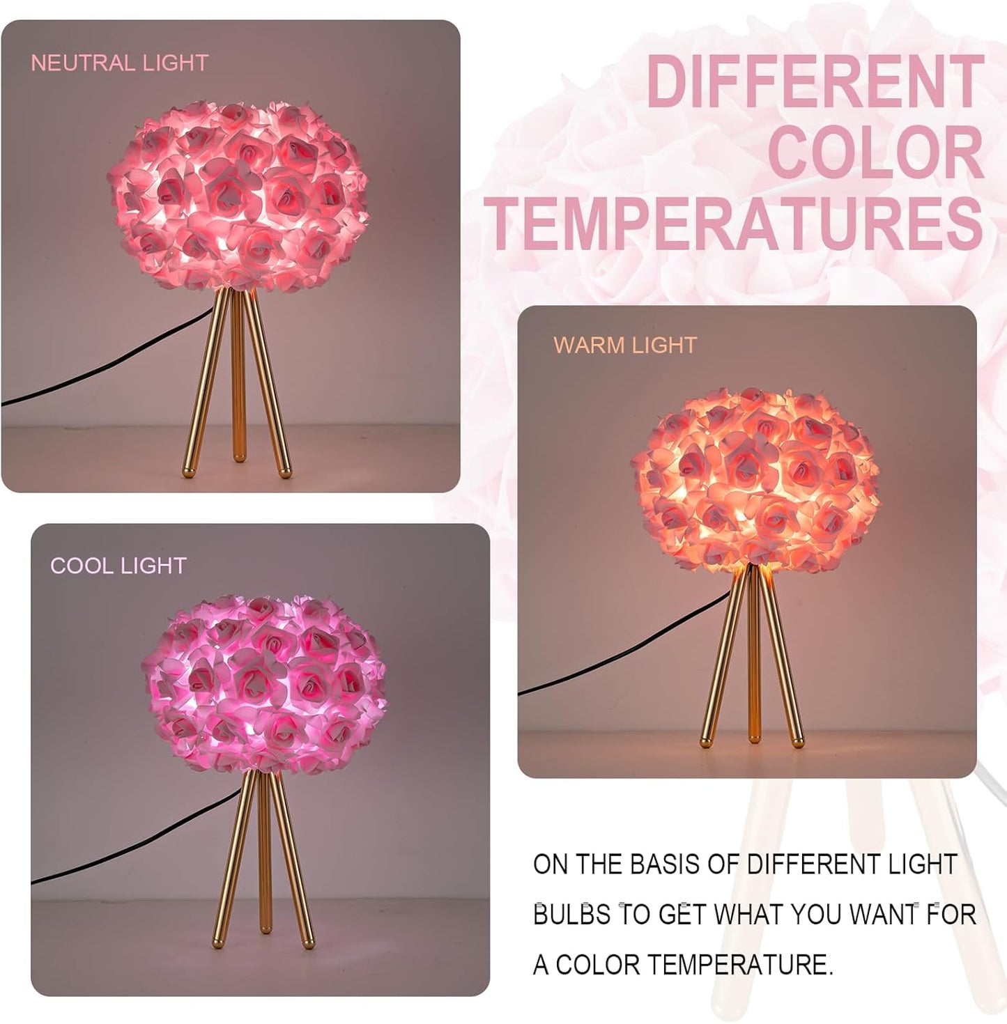 Pink Rose Flower Lamp Cute Table Lamp Flower Desk Lamp Floral Bedside Nighstand Light Atmosphere Girls Princess Lamp with Gold Tripod for Bedroom Wedding Christmas Gift Hotel Living Room