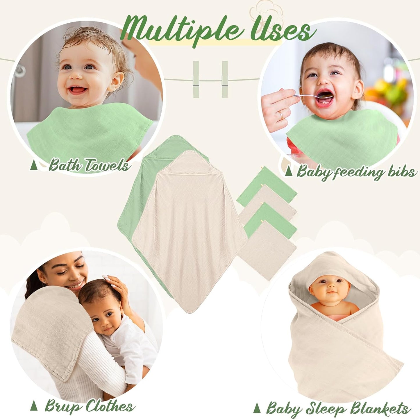 Preboun 6 Pcs Muslin Hooded Baby Towels and Washcloths 32"x 32" Cotton Newborn Bath Towel Anti-Shrink Infant Baby Blankets with Hood 12"x 12" Washcloths for Girl Boy Toddler(Ivory,Green)