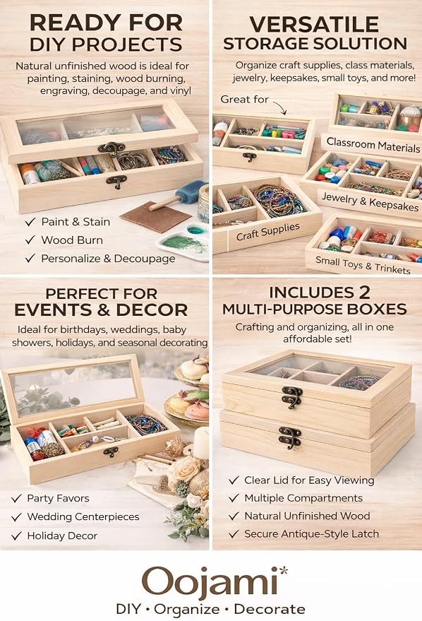 2 Pack Unfinished Wood Box, Glass Lid, 14 Compartment Jewelry Organizer |