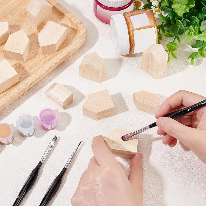 OLYCRAFT 12Pcs 4Sizes Unfinished Wood House Shaped Blocks Arrow Shape Wooden