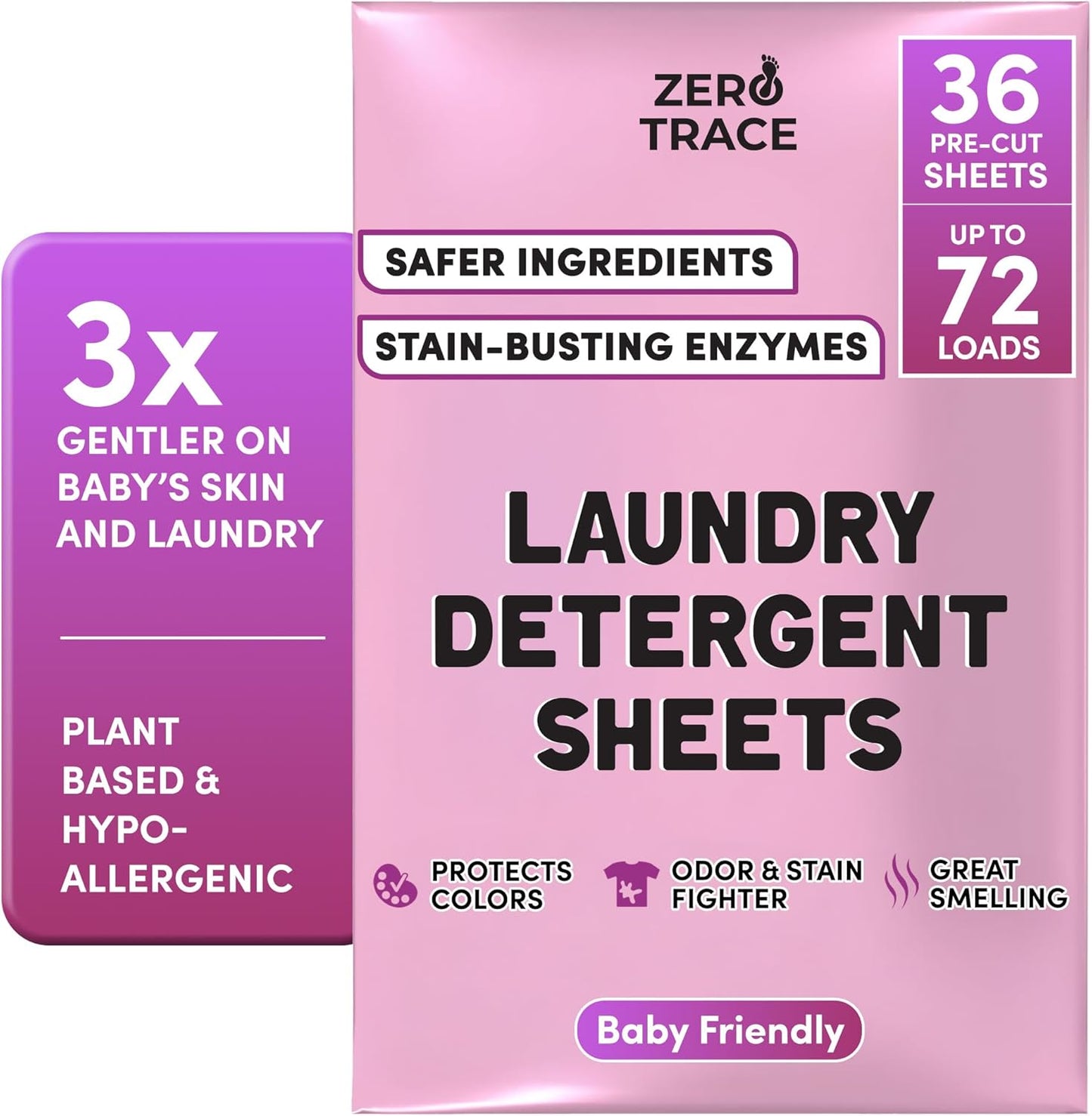 ZERO TRACE Baby Friendly Laundry Detergent Sheets, 72 Loads - Eco Friendly, All Natural, Hypoallergenic, Biodegradable - Sheet Laundry Soap for Sensitive Skin