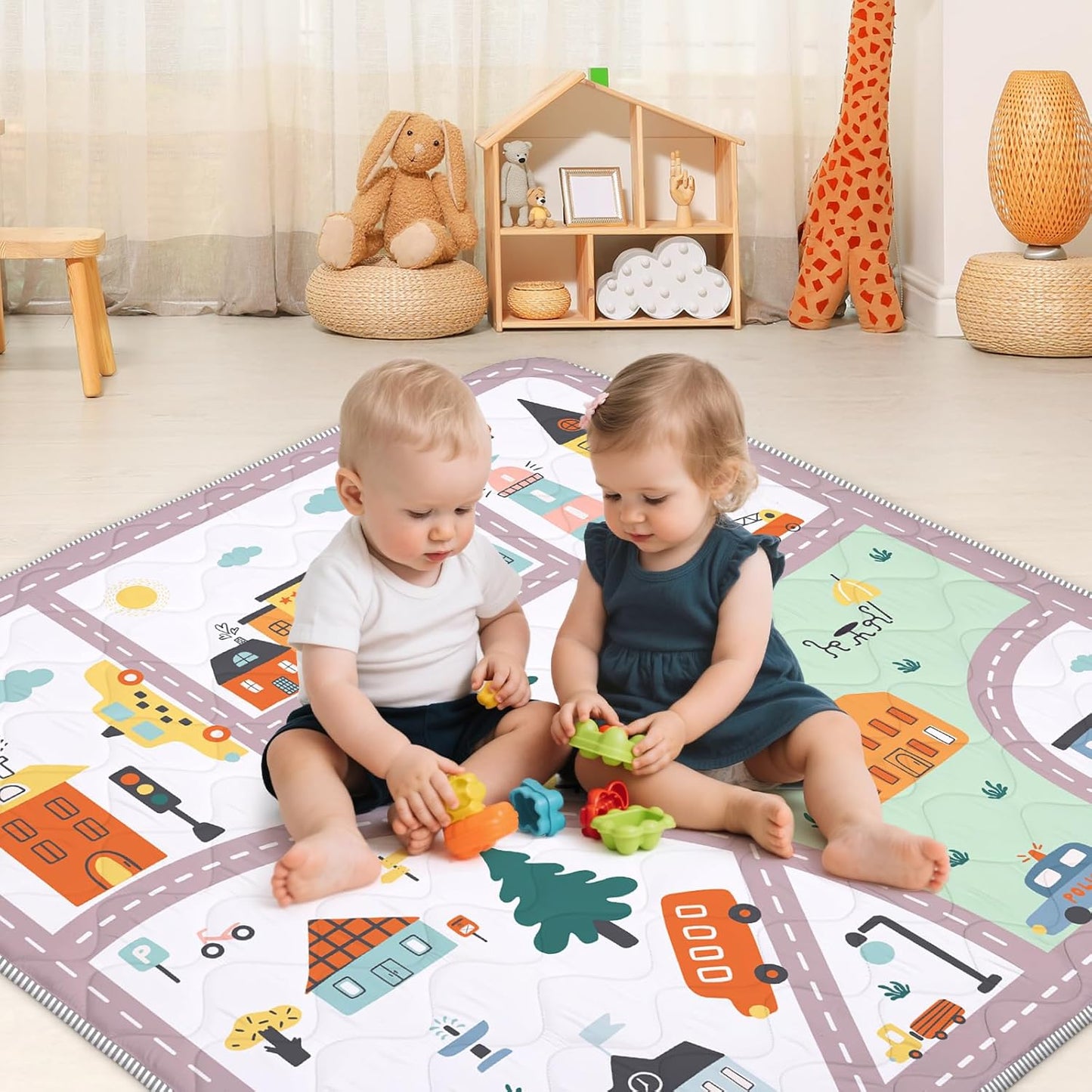 Baby Play Mat for Floor,Soft 50x50 Playpen Mat,Thick Foam Cushioned Playmat for Tummy Time,Safe Non-Slip Backing for Crawling for Kids Toddlers Infants,City Road