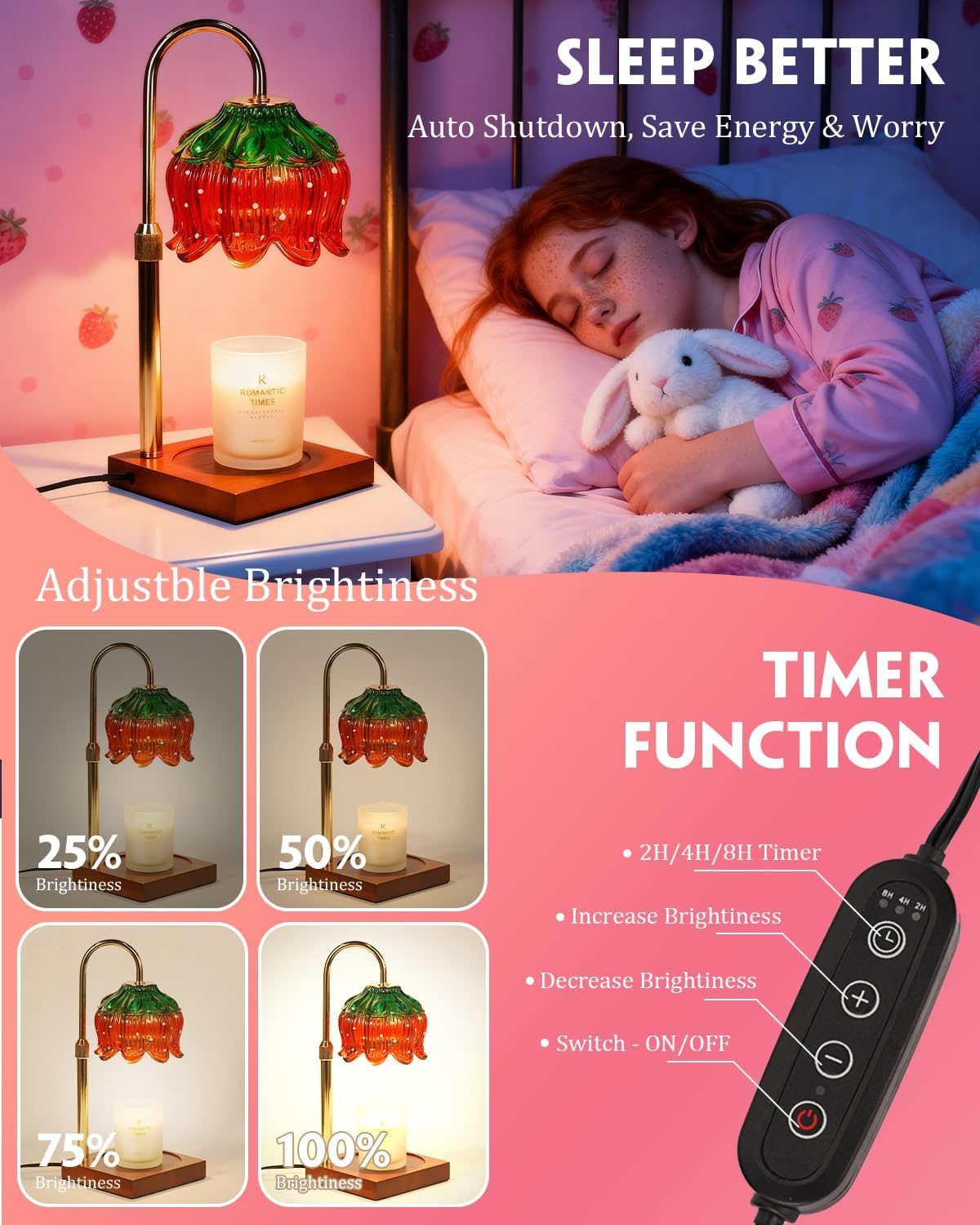 Strawberry Candle Warmer Lamp with Timer Dimmer, Adjustable Height Gifts for Women Mom Birthday Christmas House Warming Gifts New Home Bedroom Decor, Cute Candle Warmer Light for Jar Candles