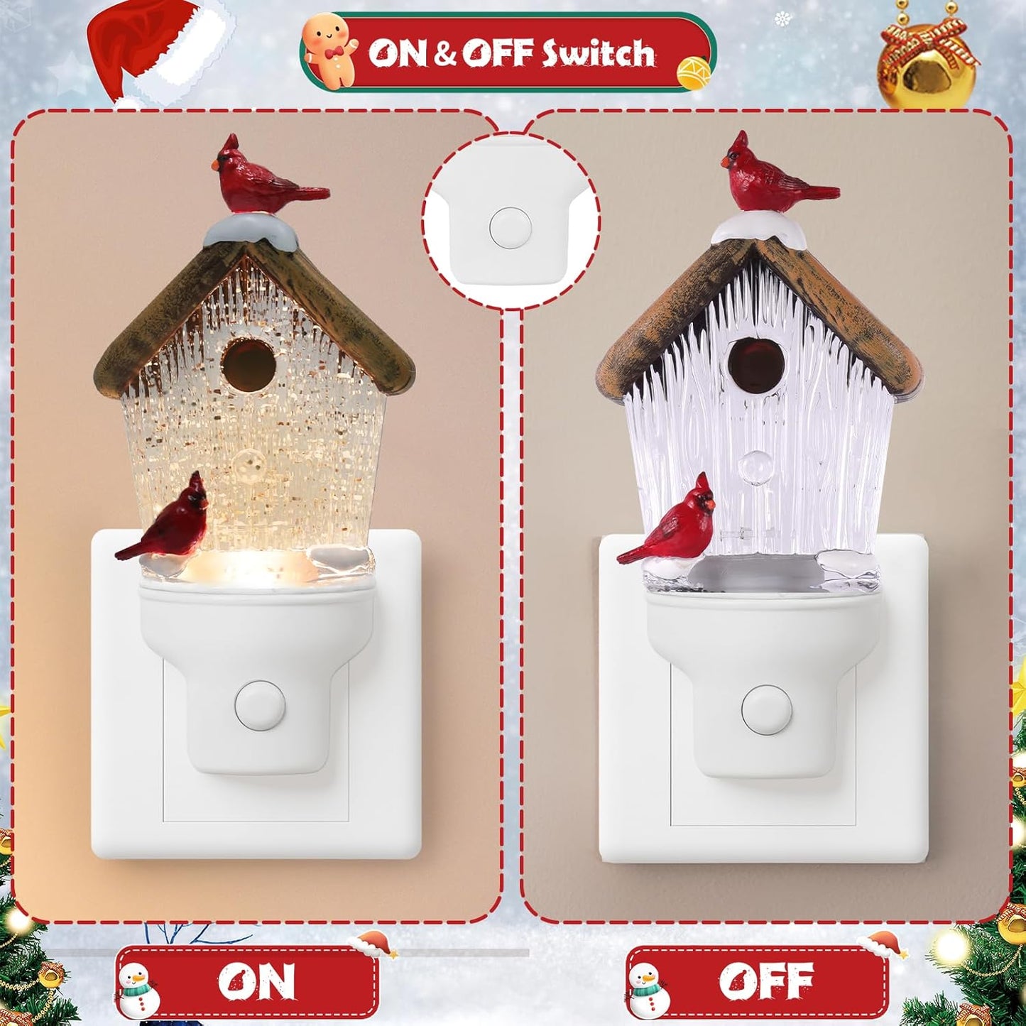 Christmas Birdhouse Night Light Plug into Wall Glitter Water Nightlight with USB/Outlet Options, Christmas Decorative Nightlight for Bedroom Kitchen Nursery Holiday Decorations Gifts (Birdhouse)
