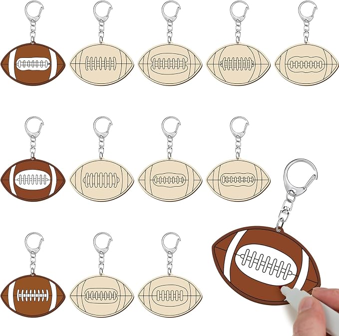 RattanView 24 Pcs Football Craft Color Your Own Keychains DIY Craft Wooden