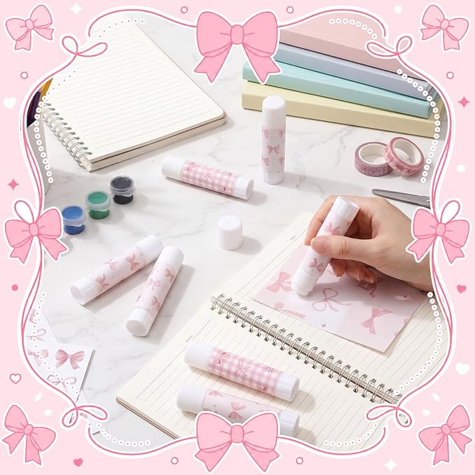 Sabary 100 Pcs Pink Bow White Glue Stick Bulk Washable Glue Sticks 0.32 oz