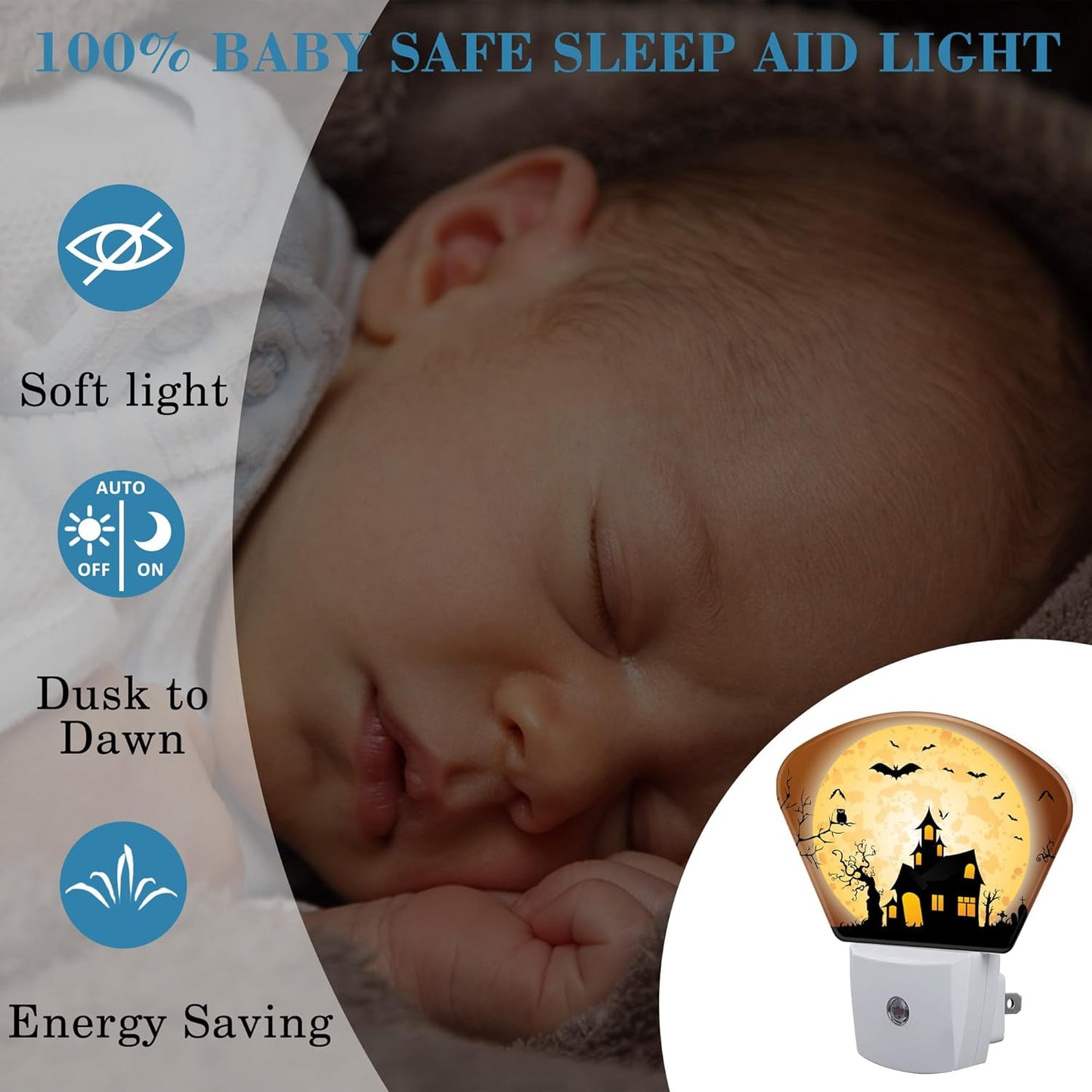 Halloween Horror Castle Night Light for Kids Girls Boys, Halloween Full Moon LED Night Light Plug into Wall with Dusk to Dawn Sensor for Bedroom, Hallway, Kitchen, Bathroom, Stairs Decor