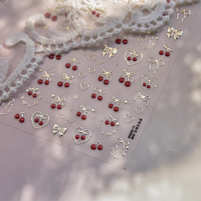 Cherry Nail Art Stickers Summer Cherry Nail Stickers 5D Embossed Gold Cherries