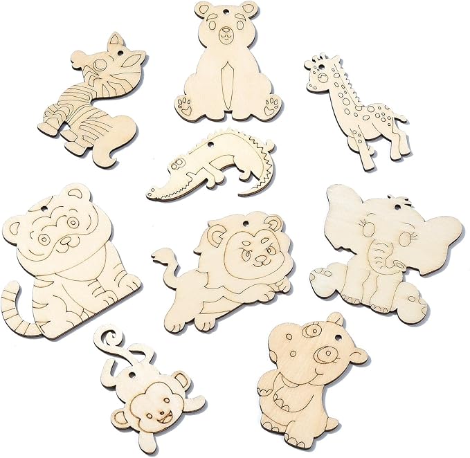 45 Pcs 9 Styles Unfinished Animal Wood Cutouts Cute Horse Lion Bear Wooden