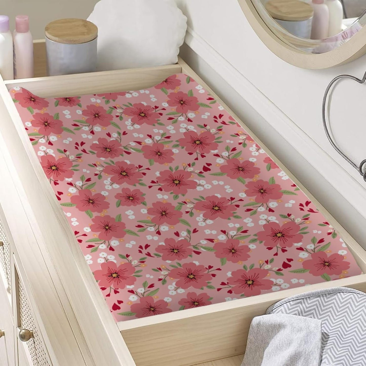 Love Blooms Baby Changing Pad Covers for Boy Girl 32''x16'' Red Heart Blossoms Fitted Diaper Change Table Sheets Spring Floral Flowers Soft Breathable Nursery Baby Changing Table Mats