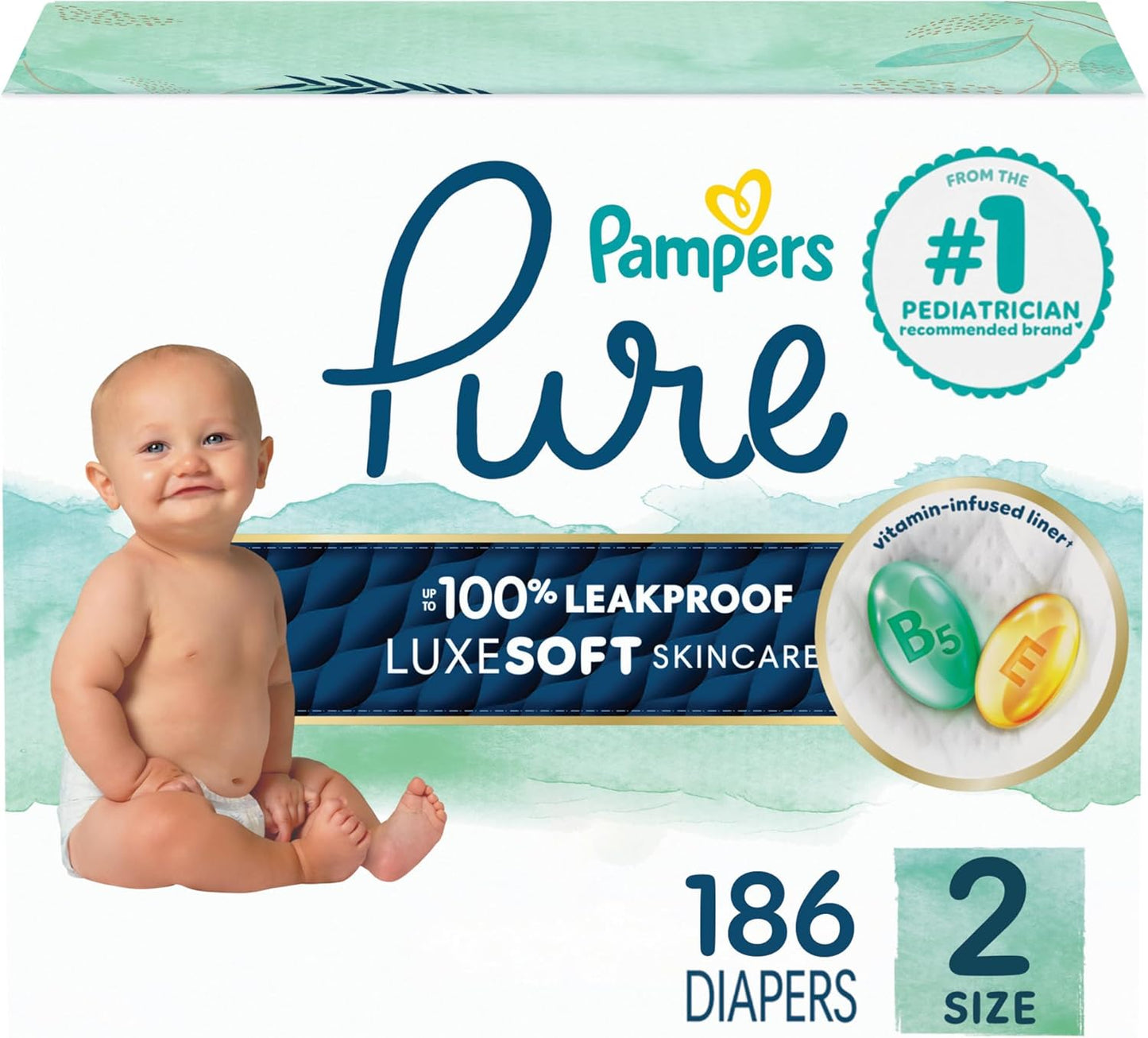 Pampers Pure Protection Baby Diapers, Size 2 (12-18 lbs), 186 Count, Up to 100% Leakproof, Premium Plant-Based Skin Protection, Hypoallergenic Soft Diapers