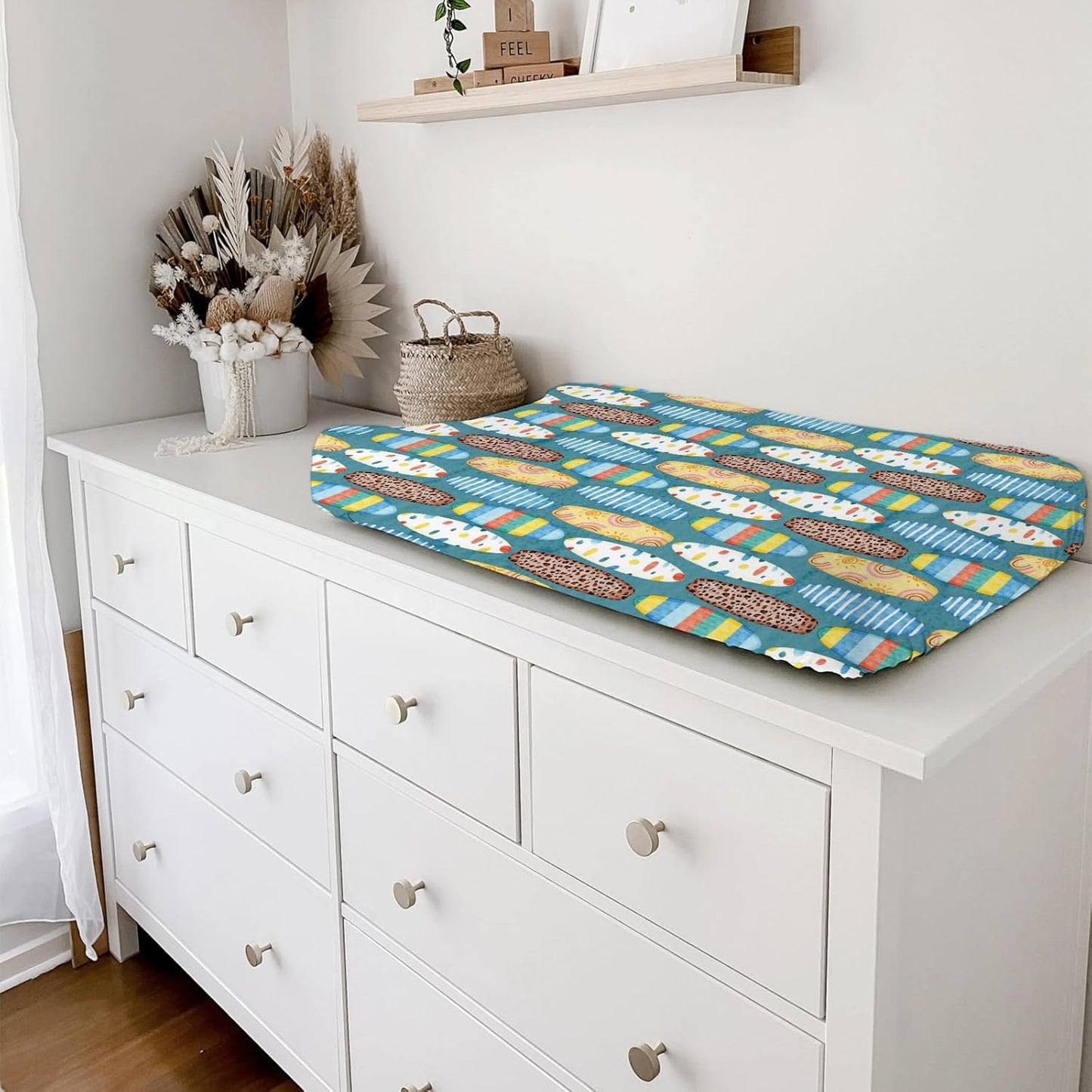 Boho Surfboard Baby Changing Pad Cover Sheets for Baby Boy Girl 32''x16'' Beach Surfing Unisex Fitted Diaper Changing Table Sheets Colorful Surfboard Comfort Soft Breathable Baby Changing Table Mats