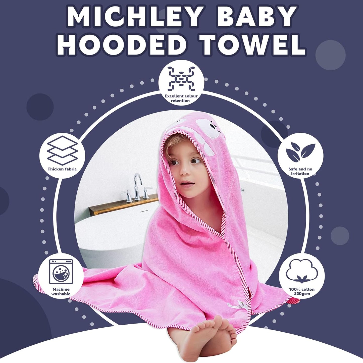 MICHLEY Animal Face Hooded Baby Towel Cotton Bathrobe for Boys Girls 0-6 Year Pink