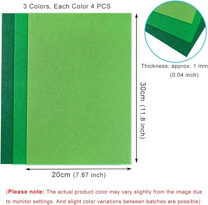 12 PCS Felt Fabric Sheets Shades of Green, 7.87*11.8 inch A4 Stiff Felt Squares