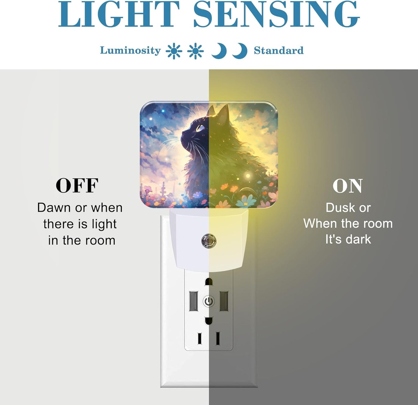 Cartoon Cute Black Cat Night Light for Kids Girls Boys, Cat in The Flowers LED Night Light Plug into Wall with Dusk to Dawn Sensor for Room, Hallway, Kitchen, Bathroom, Stairs Decor