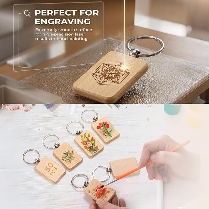 WRINGKIT 50 Pieces Wood Keychain Blank, Unfinished Laser Engraving Blanks