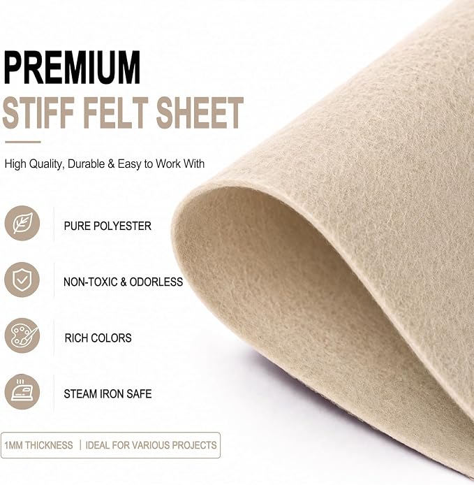 Ivory Large Felt Fabric 36" x 36", 1mm Stiff Felt Sheet, Nonwoven Fabric