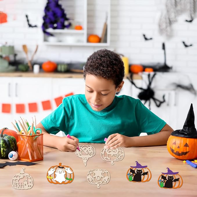 24 PCS Unfinished Wooden Halloween Crafts, Pumpkin Shaped Hanging Ornaments DIY